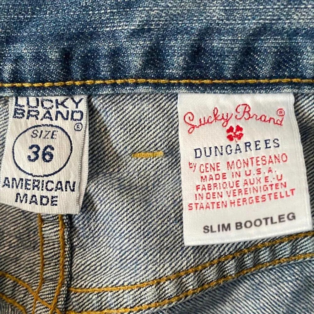 VTG Lucky Brand Slim Bootleg Distressed Jeans Men 36 Blue Button Fly Made in USA